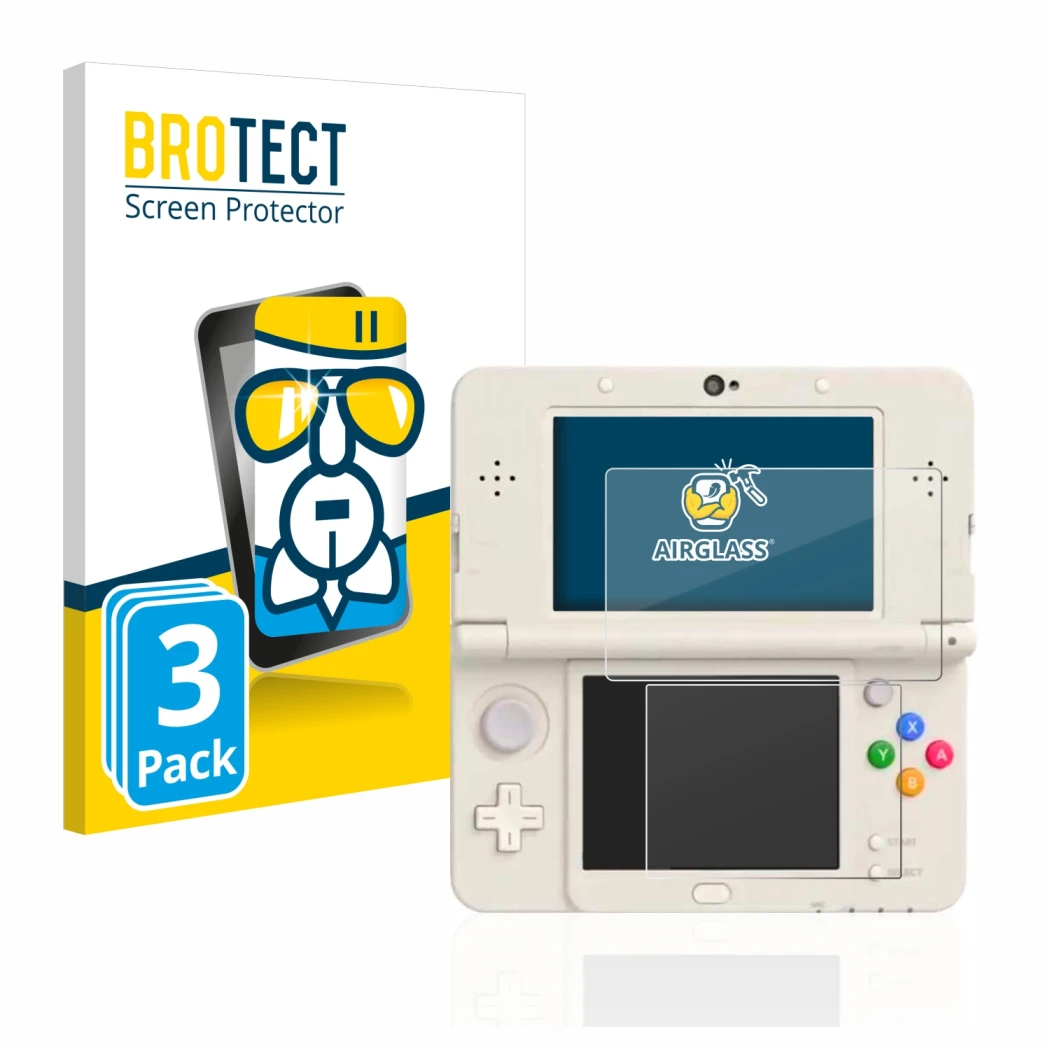 Face avant d’un emballage produit avec le logo de la marque BROTECT. À côté, l’appareil Nintendo New 3DS est représenté avec l
