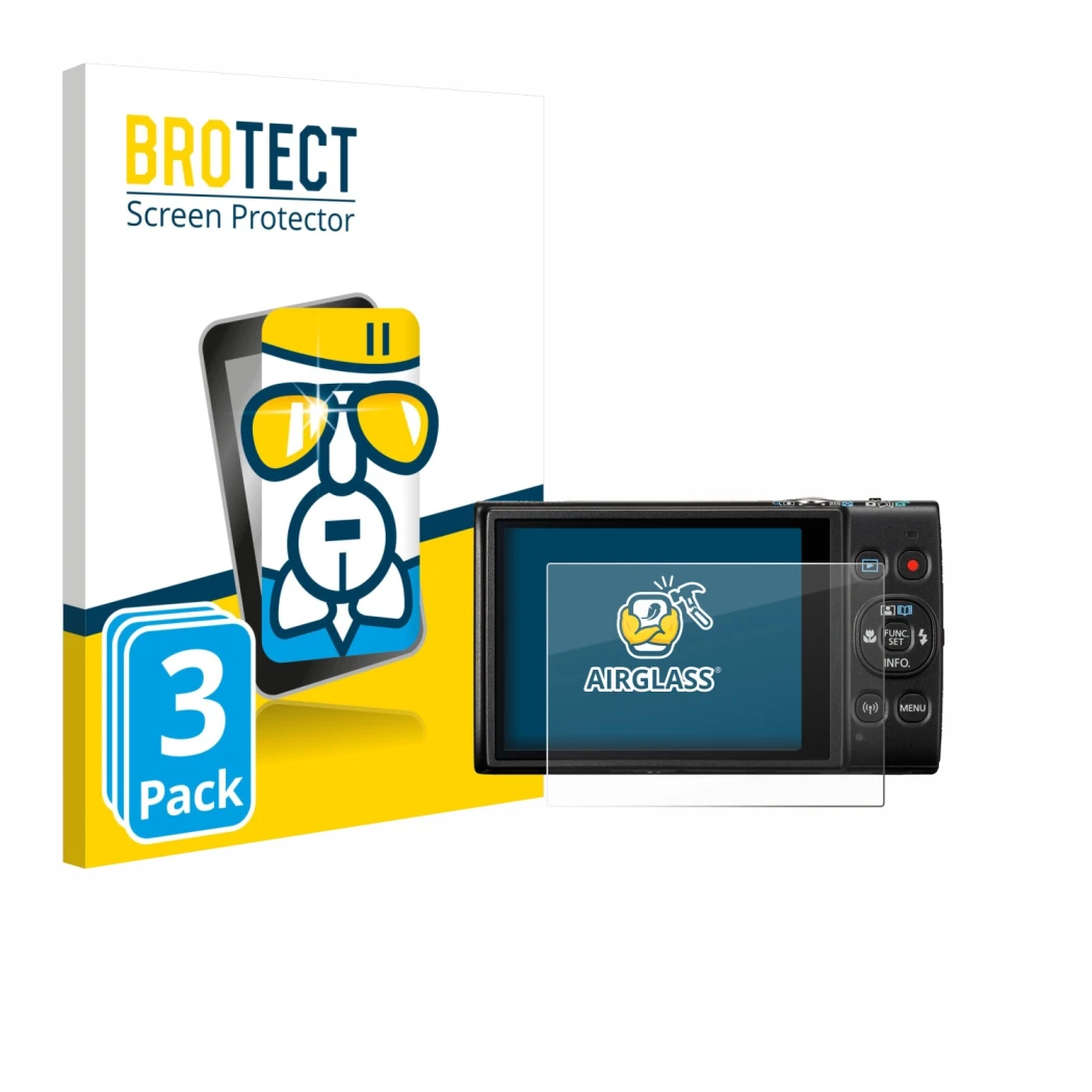 Face avant d’un emballage produit avec le logo de la marque BROTECT. À côté, l’appareil Canon Digital Ixus 285 hs est représen