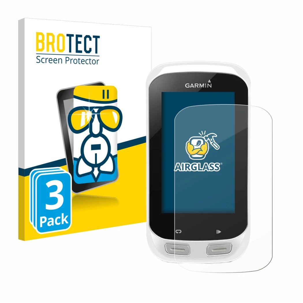Face avant d’un emballage produit avec le logo de la marque BROTECT. À côté, l’appareil Garmin Edge Explore 1000 est représent
