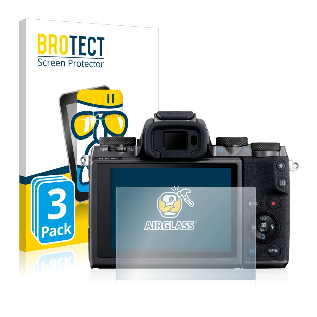 Face avant d’un emballage produit avec le logo de la marque BROTECT. À côté, l’appareil Canon EOS M5 est représenté avec la pr