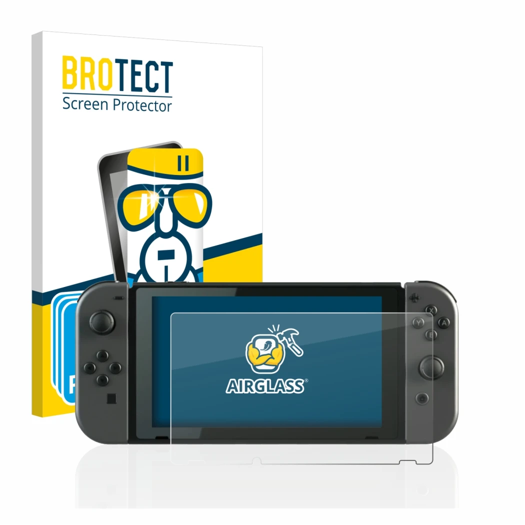 Face avant d’un emballage produit avec le logo de la marque BROTECT. À côté, l’appareil Nintendo Switch est représenté avec la