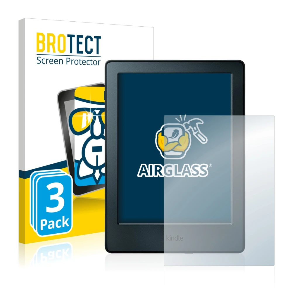 Face avant d’un emballage produit avec le logo de la marque BROTECT. À côté, l’appareil Amazon Kindle 2016 (8ème Gen.) est rep