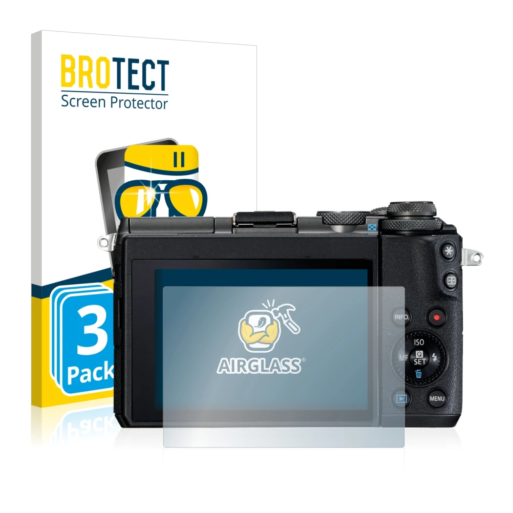 Face avant d’un emballage produit avec le logo de la marque BROTECT. À côté, l’appareil Canon EOS M6 est représenté avec la pr