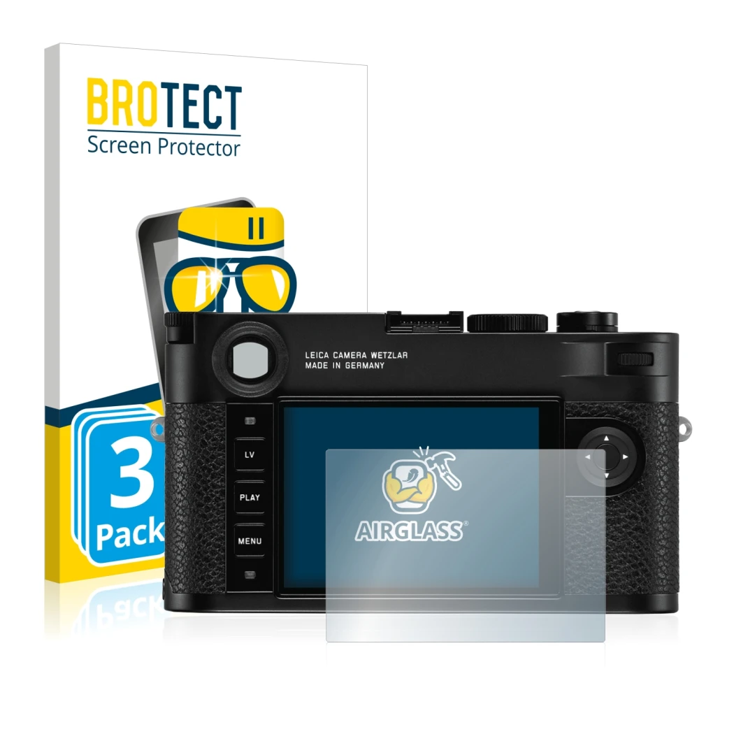 Face avant d’un emballage produit avec le logo de la marque BROTECT. À côté, l’appareil Leica M10 est représenté avec la prote