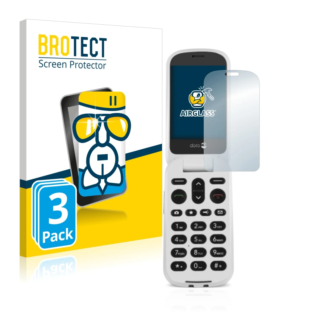 Face avant d’un emballage produit avec le logo de la marque BROTECT. À côté, l’appareil Doro 6050 est représenté avec la prote