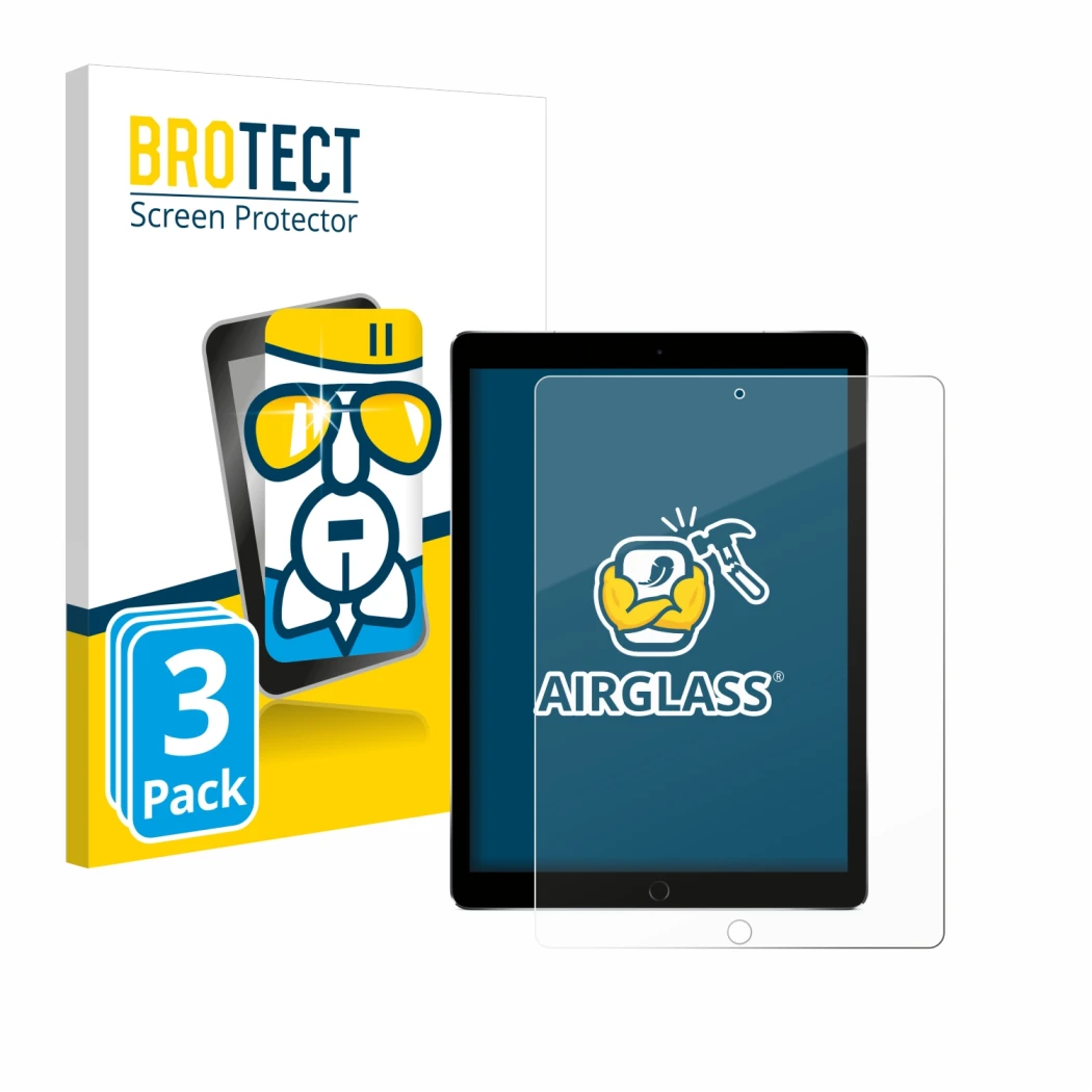 Face avant d’un emballage produit avec le logo de la marque BROTECT. À côté, l’appareil Apple iPad Pro 12.9