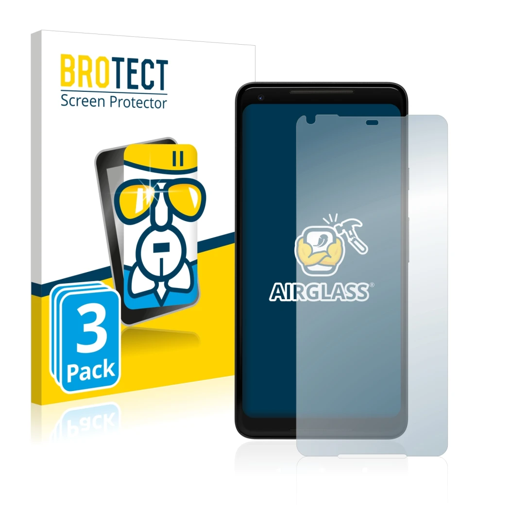 Face avant d’un emballage produit avec le logo de la marque BROTECT. À côté, l’appareil Google Pixel 2 XL est représenté avec