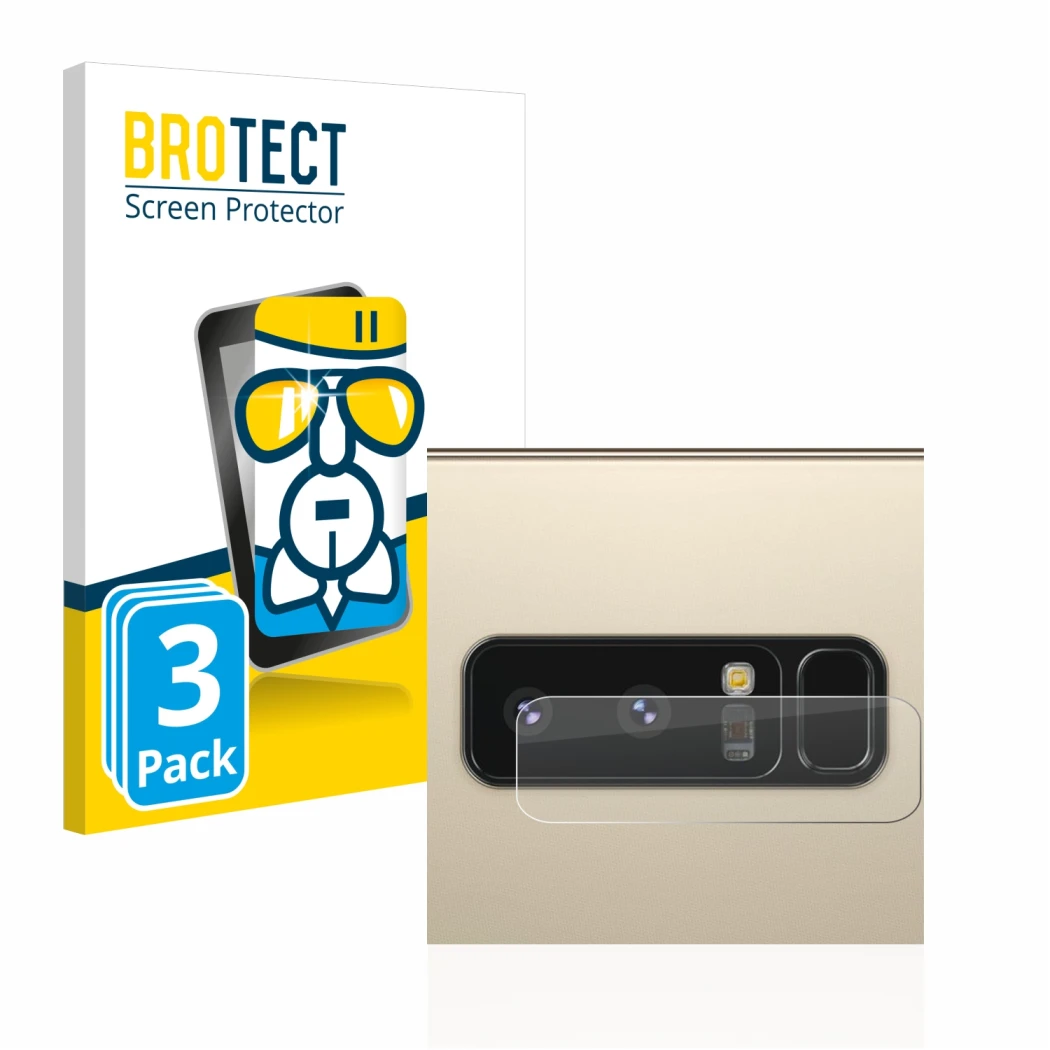 Face avant d’un emballage produit avec le logo de la marque BROTECT. À côté, l’appareil Samsung Galaxy Note 8 (Caméra UNIQUEME