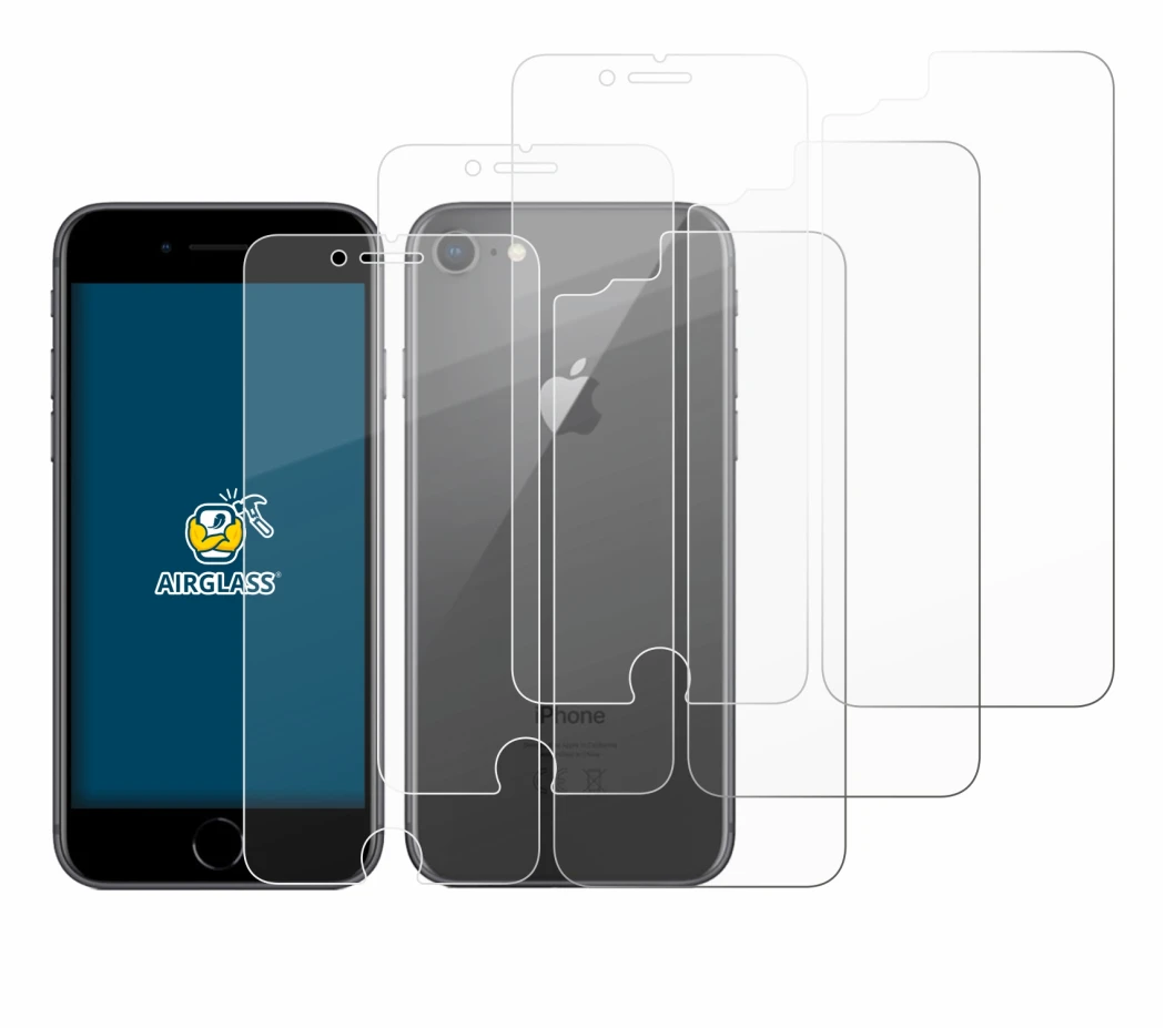 Image de l'appareil Apple iPhone 8 (Avant+Arrière) avec une grande variété de protections d'écran.
