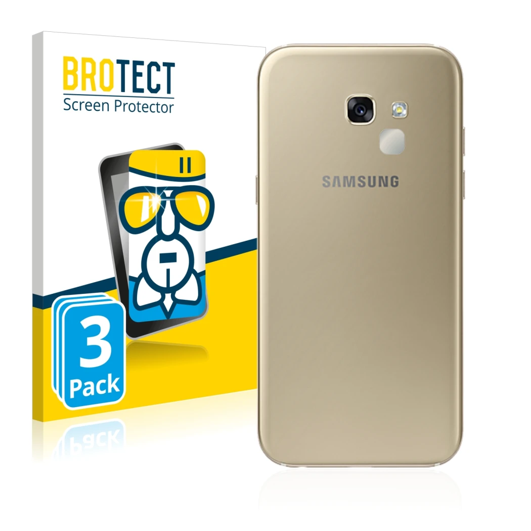 Face avant d’un emballage produit avec le logo de la marque BROTECT. À côté, l’appareil Samsung Galaxy A5 2017 (Caméra UNIQUEM