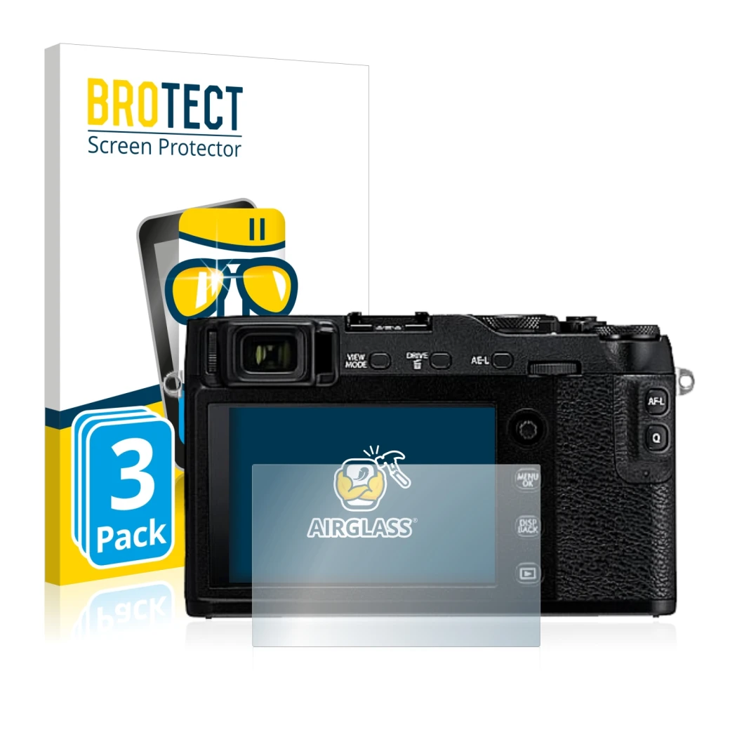 Face avant d’un emballage produit avec le logo de la marque BROTECT. À côté, l’appareil Fujifilm X-E3 est représenté avec la p