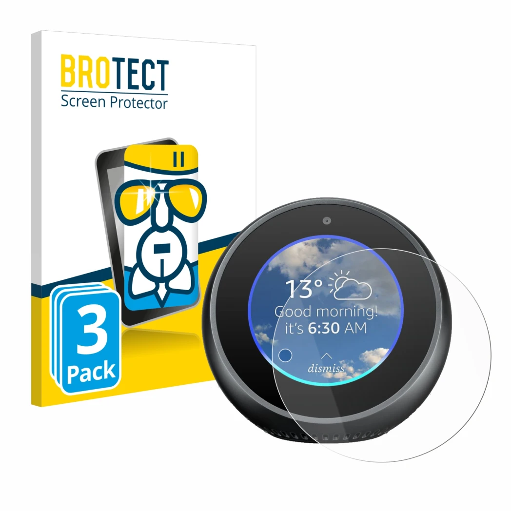 Face avant d’un emballage produit avec le logo de la marque BROTECT. À côté, l’appareil Amazon Echo Spot est représenté avec l