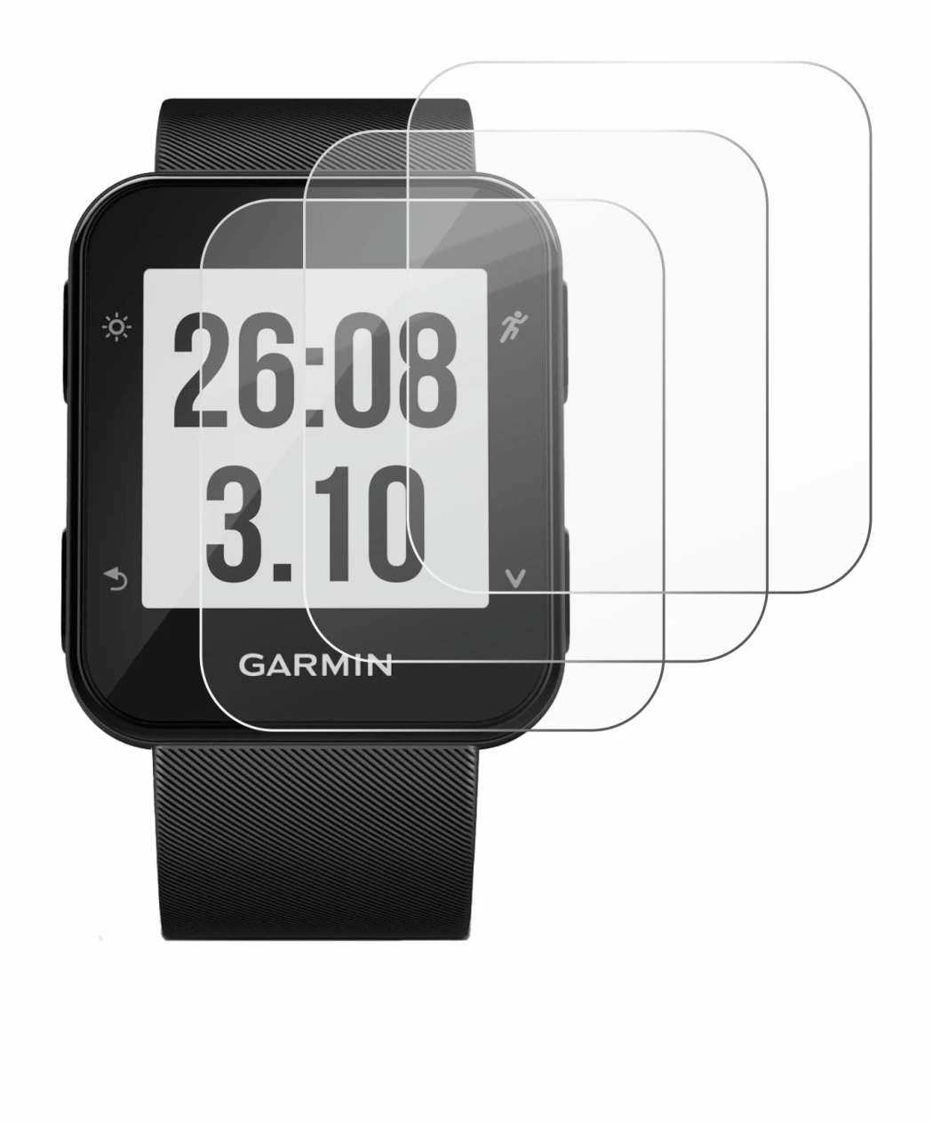 Image de l'appareil Garmin Forerunner 30 avec une grande variété de protections d'écran.