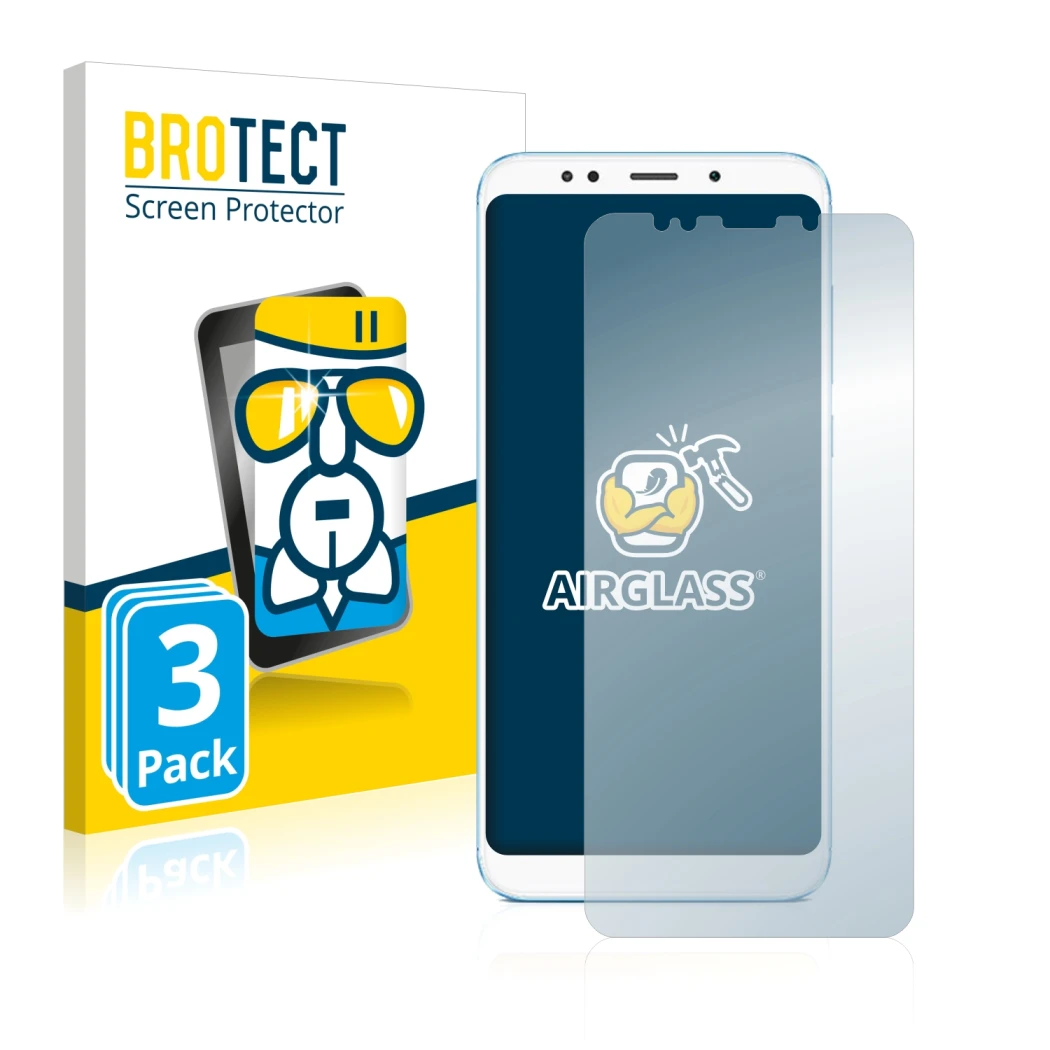 Face avant d’un emballage produit avec le logo de la marque BROTECT. À côté, l’appareil Xiaomi Redmi 5 Plus est représenté ave