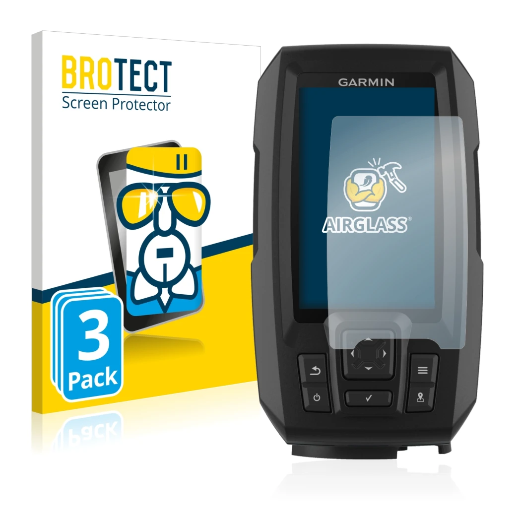 Face avant d’un emballage produit avec le logo de la marque BROTECT. À côté, l’appareil Garmin Striker Plus 4 est représenté a