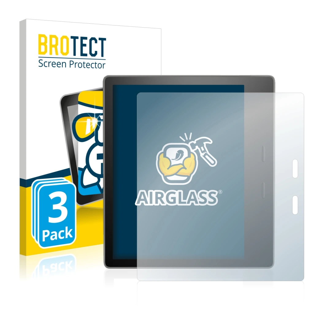 Face avant d’un emballage produit avec le logo de la marque BROTECT. À côté, l’appareil Amazon Kindle Oasis 2017 (9ème Gen.) e