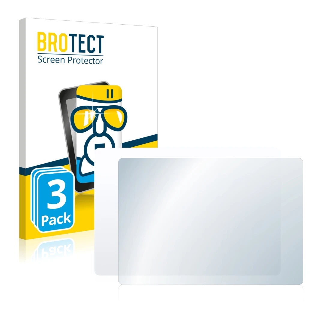 Face avant d’un emballage produit avec le logo de la marque BROTECT. À côté, l’appareil Apple Magic 2 (Touch Trackpad) est rep
