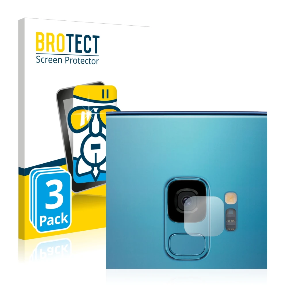 Face avant d’un emballage produit avec le logo de la marque BROTECT. À côté, l’appareil Samsung Galaxy S9 (Caméra UNIQUEMENT) 