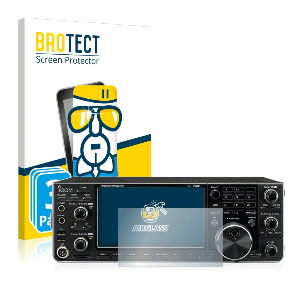 Face avant d’un emballage produit avec le logo de la marque BROTECT. À côté, l’appareil Icom IC-7610 est représenté avec la pr