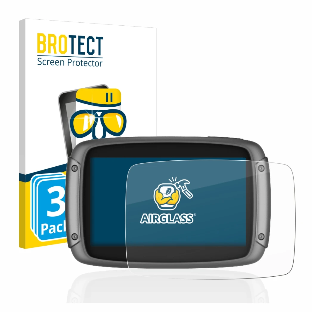 Face avant d’un emballage produit avec le logo de la marque BROTECT. À côté, l’appareil TomTom Rider 550 est représenté avec l