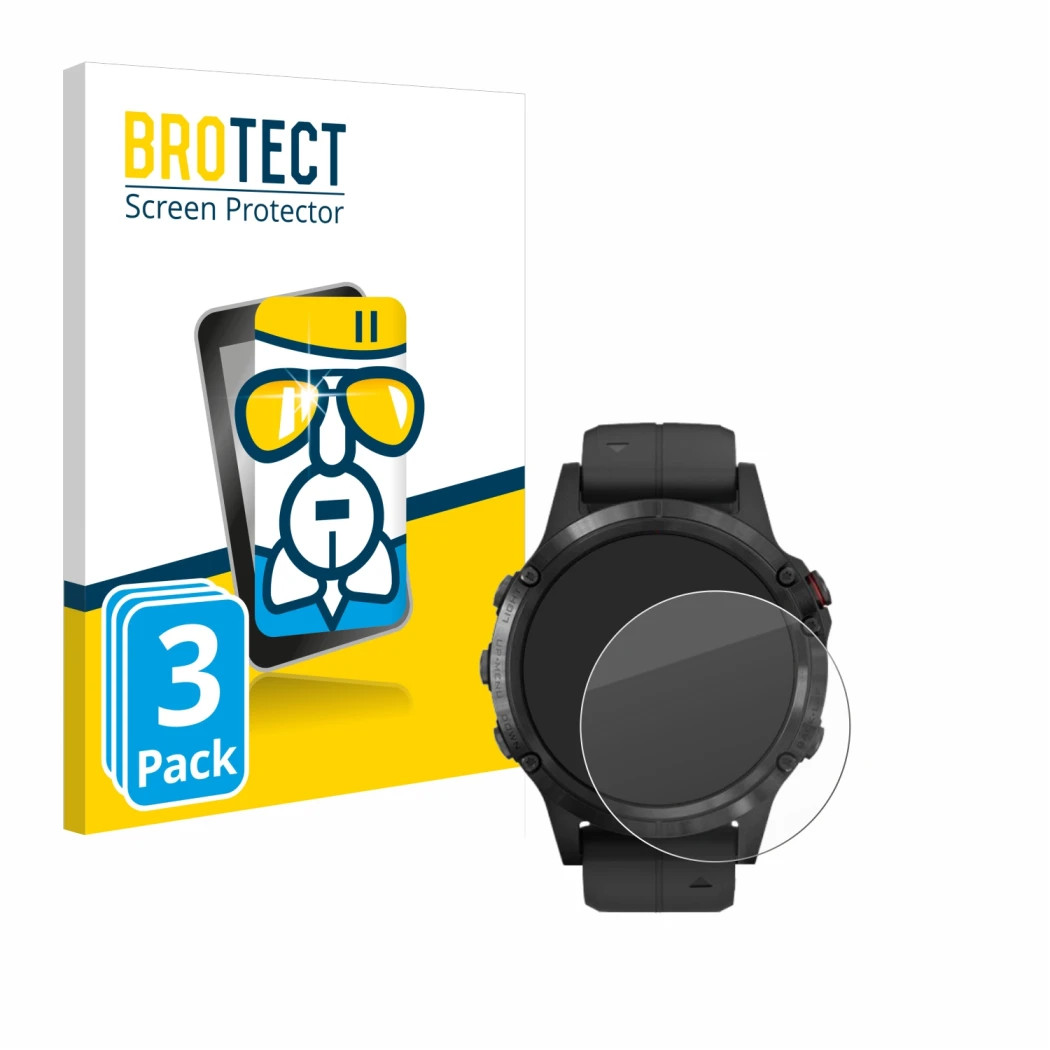 Face avant d’un emballage produit avec le logo de la marque BROTECT. À côté, l’appareil Garmin Fenix 5 Plus (47 mm) est représ