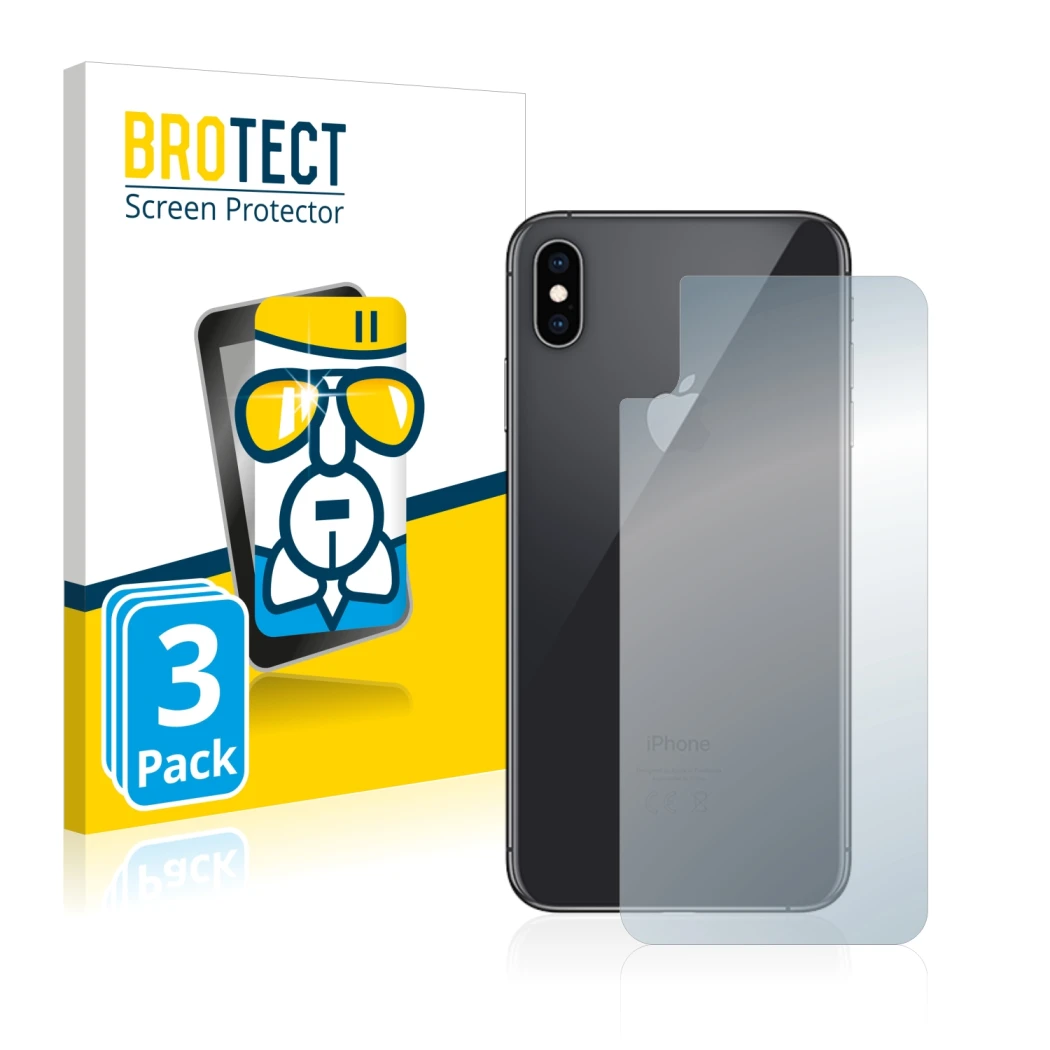 Face avant d’un emballage produit avec le logo de la marque BROTECT. À côté, l’appareil Apple iPhone Xs Max (Le dos) est repré