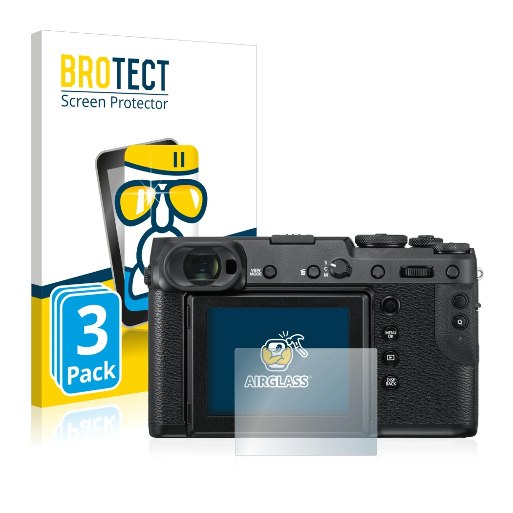 Face avant d’un emballage produit avec le logo de la marque BROTECT. À côté, l’appareil Fujifilm GFX 50R est représenté avec l