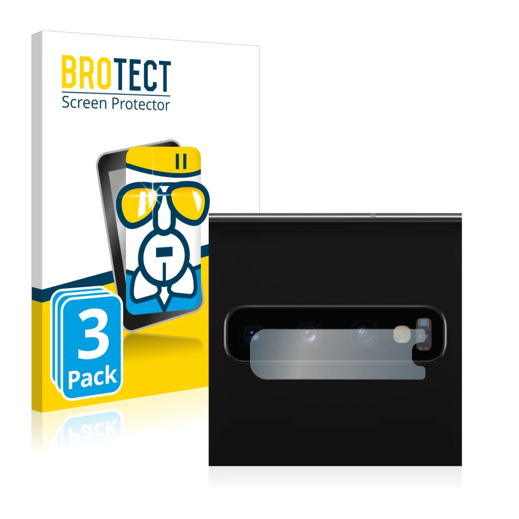 Face avant d’un emballage produit avec le logo de la marque BROTECT. À côté, l’appareil Samsung Galaxy S10 (Caméra UNIQUEMENT)