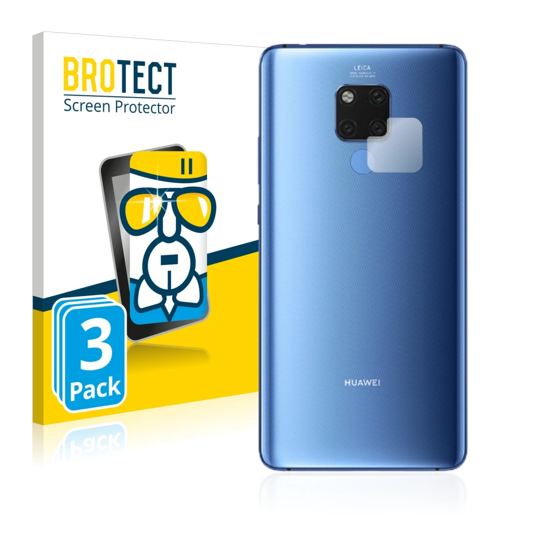 Face avant d’un emballage produit avec le logo de la marque BROTECT. À côté, l’appareil Huawei Mate 20 X (Caméra UNIQUEMENT) e