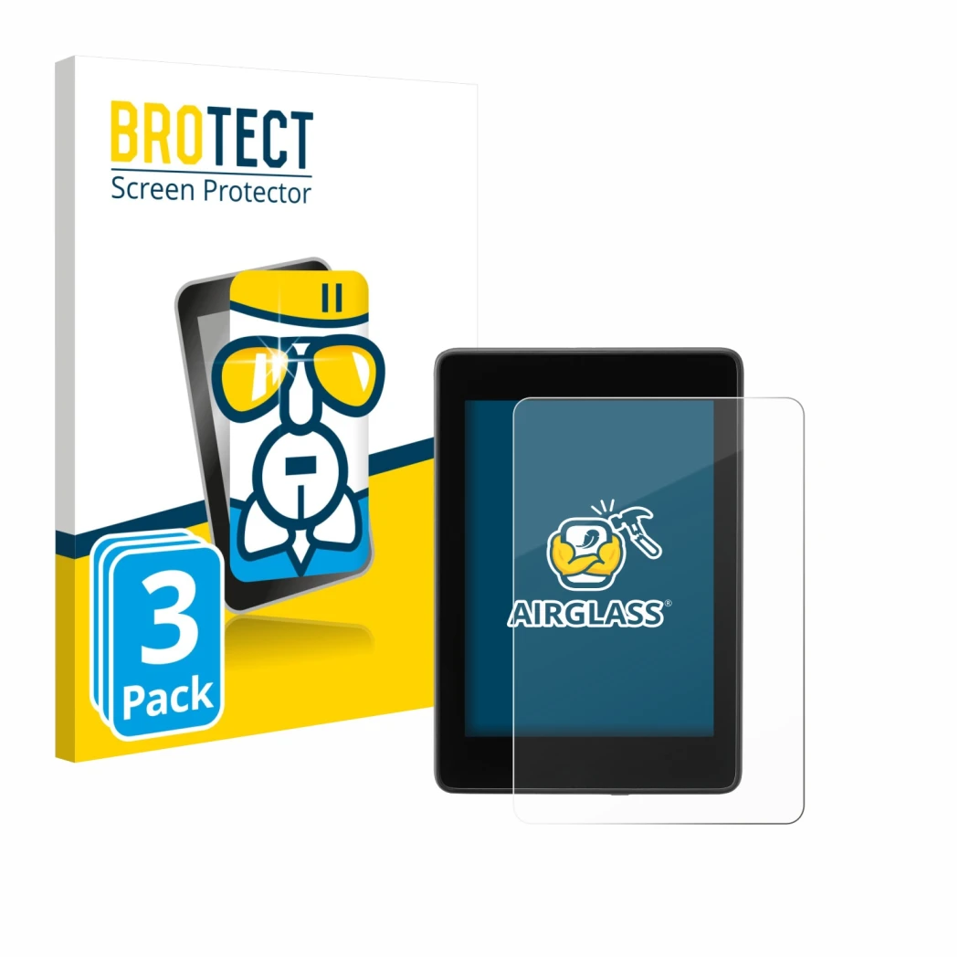 Face avant d’un emballage produit avec le logo de la marque BROTECT. À côté, l’appareil Amazon Kindle Paperwhite 2018 (10ème G