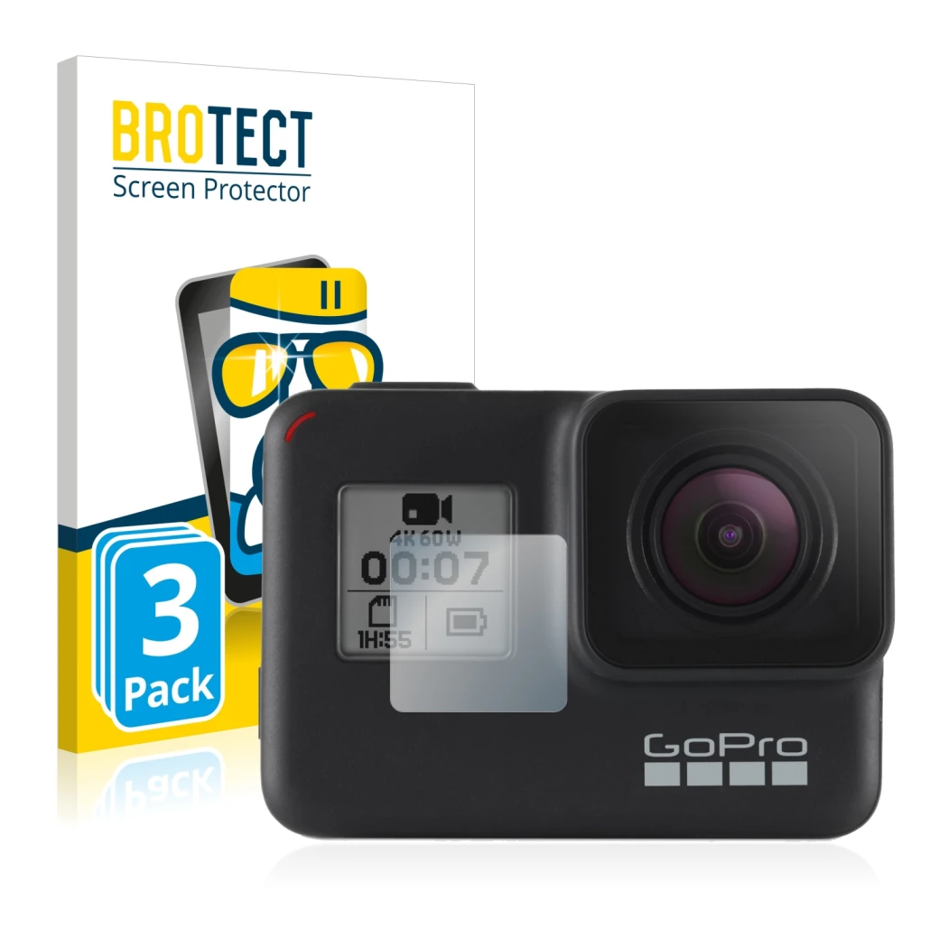 Face avant d’un emballage produit avec le logo de la marque BROTECT. À côté, l’appareil GoPro Hero 7 Black (Affichage avant) e
