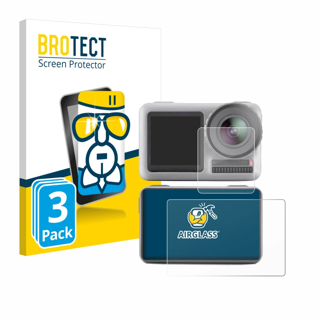 Face avant d’un emballage produit avec le logo de la marque BROTECT. À côté, l’appareil DJI Osmo Action est représenté avec la