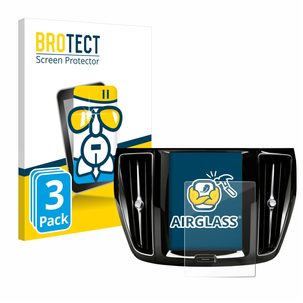 Face avant d’un emballage produit avec le logo de la marque BROTECT. À côté, l’appareil Volvo V60 Sensus Connect 2019-2020 est