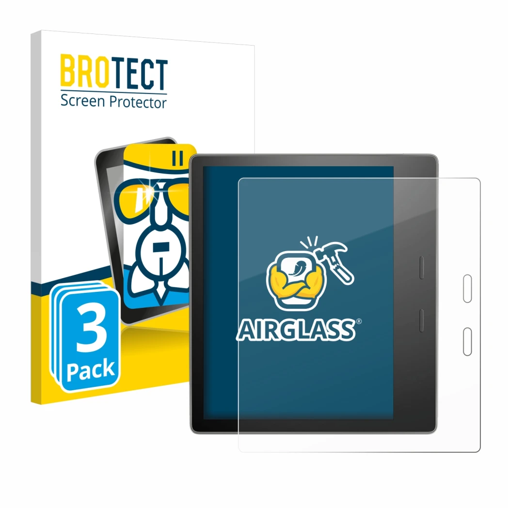 Face avant d’un emballage produit avec le logo de la marque BROTECT. À côté, l’appareil Amazon Kindle Oasis 2019 (10ème Gen.) 