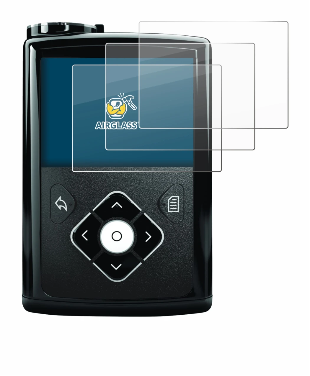 Image de l'appareil Medtronic Minimed 640G avec une grande variété de protections d'écran.
