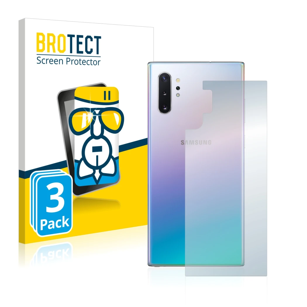 Face avant d’un emballage produit avec le logo de la marque BROTECT. À côté, l’appareil Samsung Galaxy Note 10 Plus (Arrière)