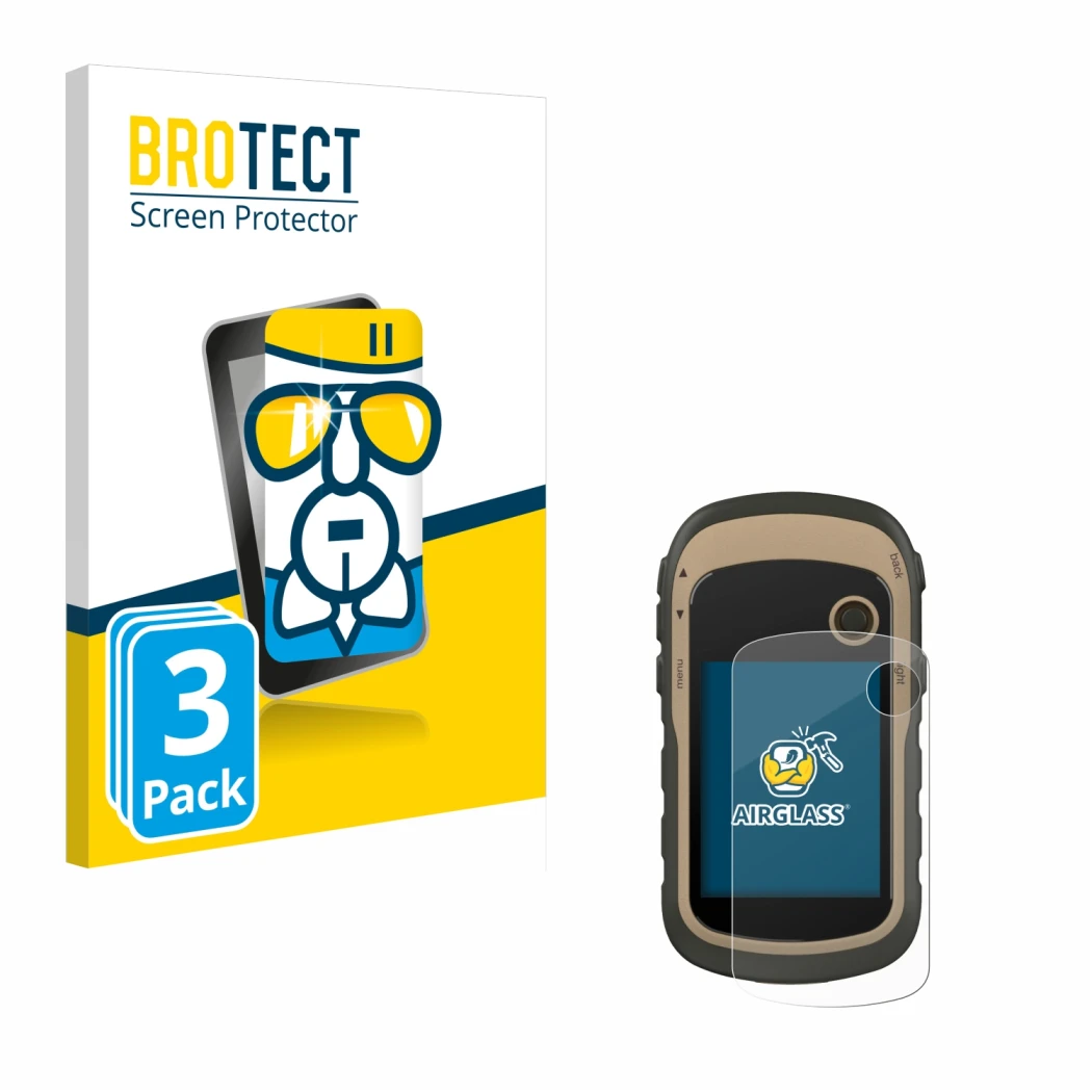 Face avant d’un emballage produit avec le logo de la marque BROTECT. À côté, l’appareil Garmin eTrex 32x est représenté avec l