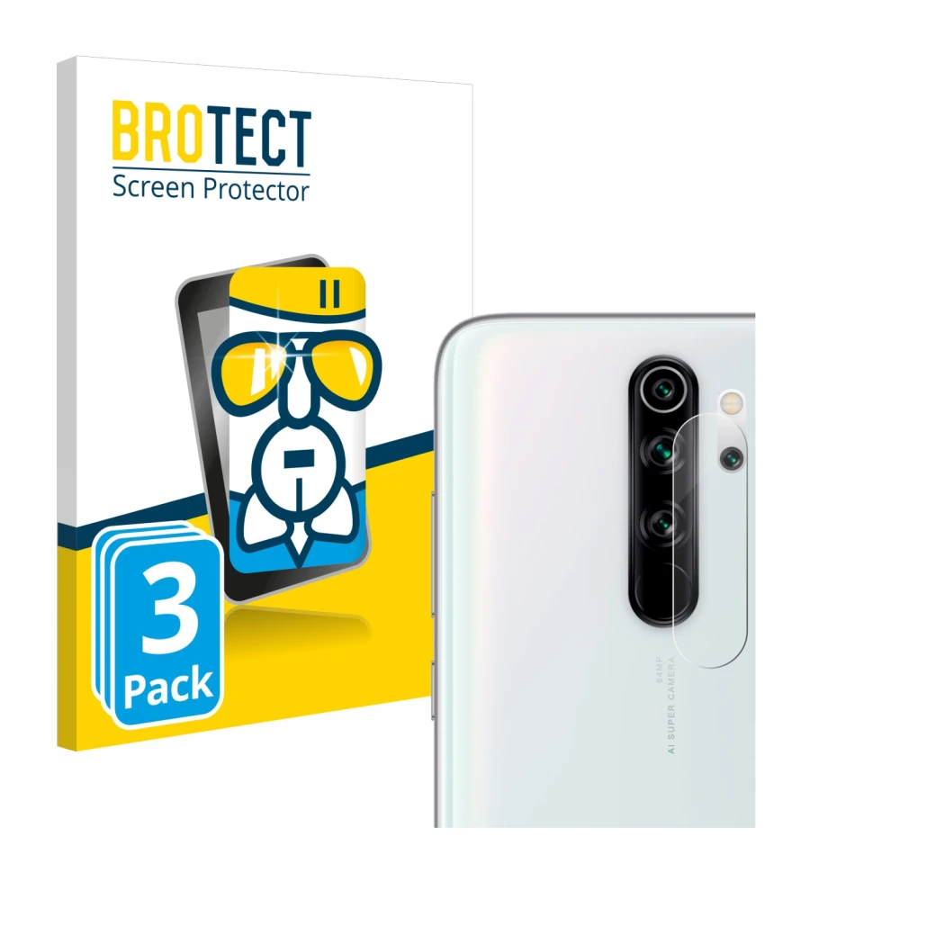 Face avant d’un emballage produit avec le logo de la marque BROTECT. À côté, l’appareil Xiaomi Redmi Note 8 Pro (Caméra UNIQUE