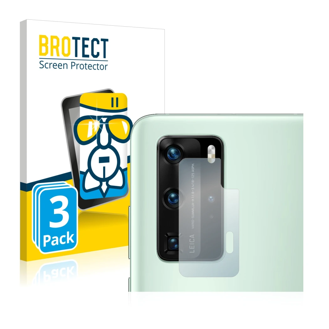 Face avant d’un emballage produit avec le logo de la marque BROTECT. À côté, l’appareil Huawei P40 Pro (Caméra UNIQUEMENT) est