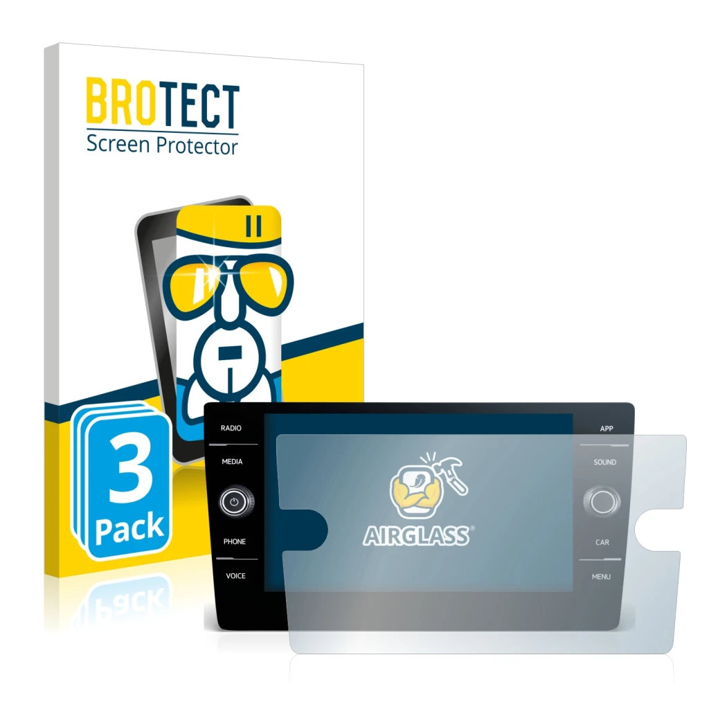 Face avant d’un emballage produit avec le logo de la marque BROTECT. À côté, l’appareil Volkswagen Touran 2017 Discover Media 