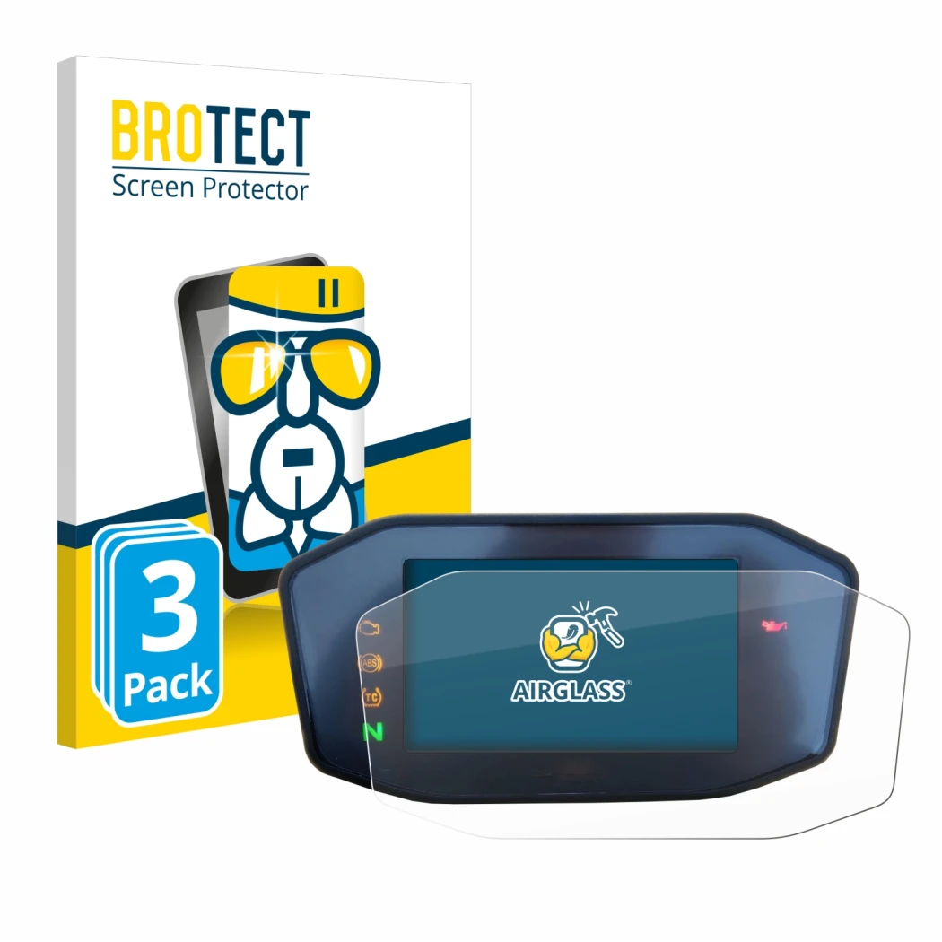 Face avant d’un emballage produit avec le logo de la marque BROTECT. À côté, l’appareil KTM 890 Duke R 2020 TFT Screen est rep