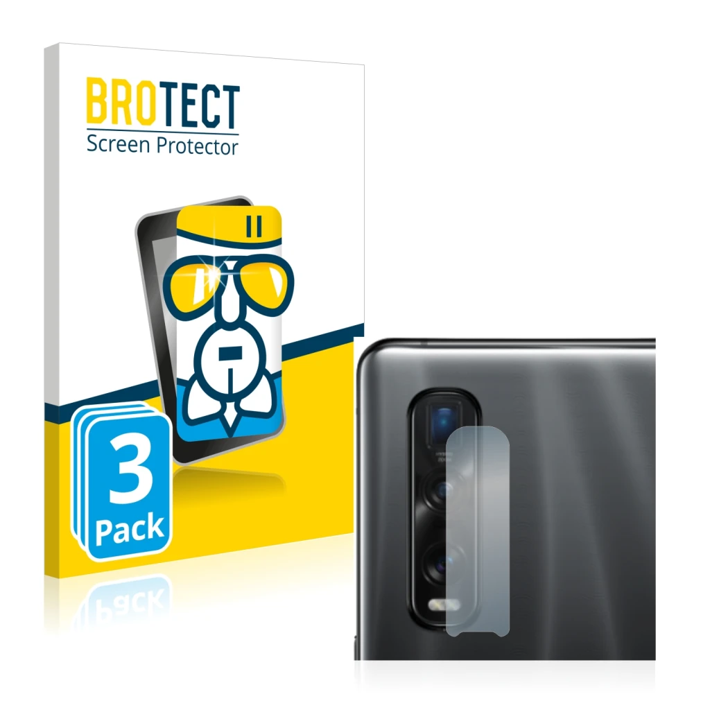 Face avant d’un emballage produit avec le logo de la marque BROTECT. À côté, l’appareil Oppo Find X2 Pro (Caméra UNIQUEMENT) e
