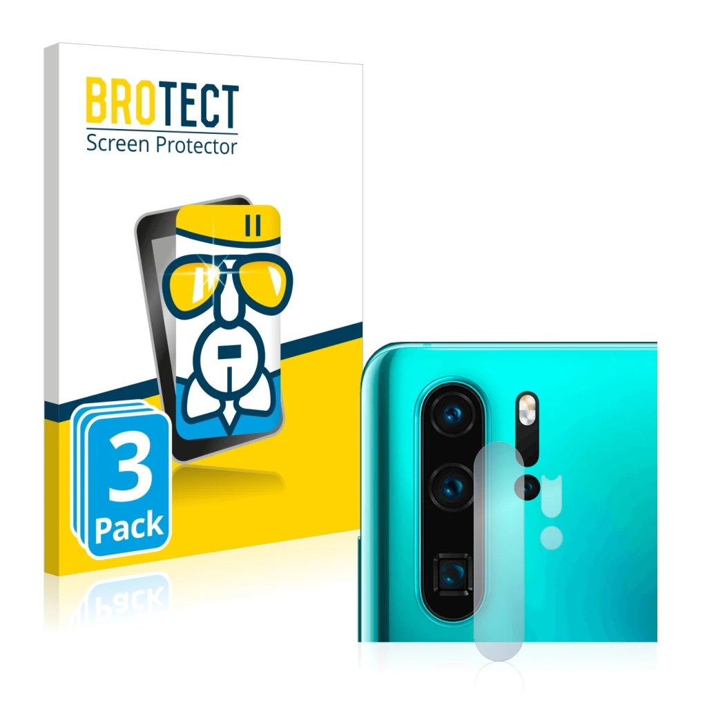 Face avant d’un emballage produit avec le logo de la marque BROTECT. À côté, l’appareil Huawei P30 Pro New Edition (Caméra UNI