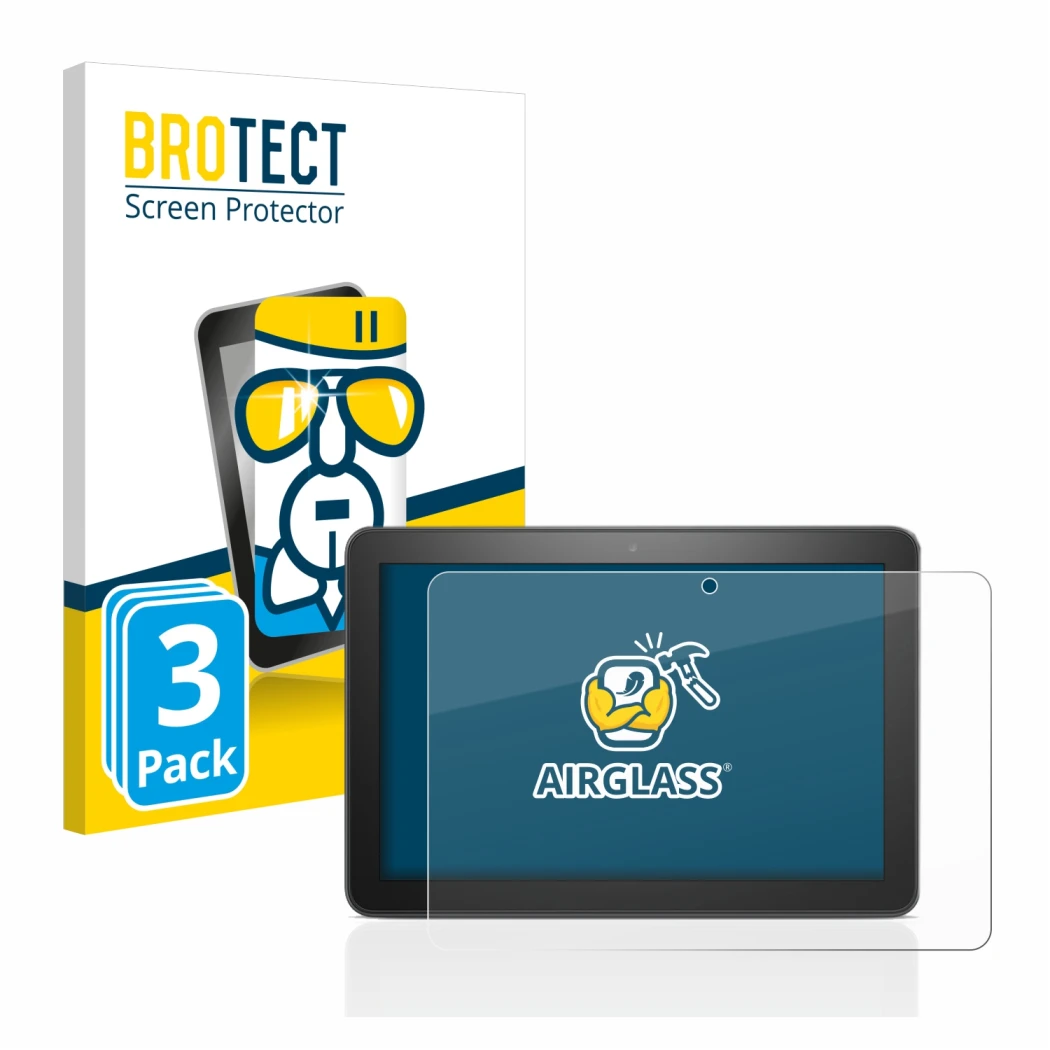 Face avant d’un emballage produit avec le logo de la marque BROTECT. À côté, l’appareil Amazon Fire HD 8 2020 (10ème Gen.) est