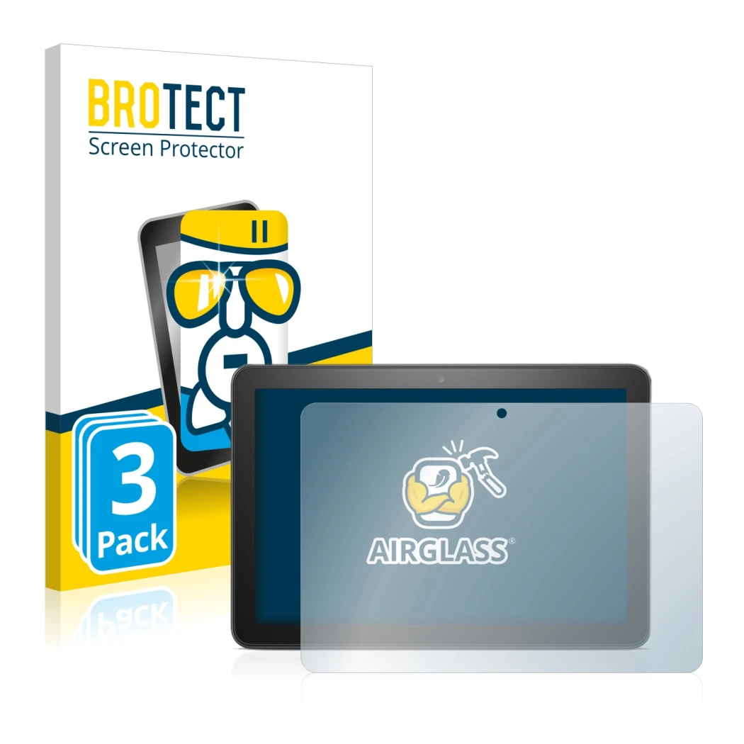 Face avant d’un emballage produit avec le logo de la marque BROTECT. À côté, l’appareil Amazon Fire HD 8 Plus 2020 (10ème Gen.