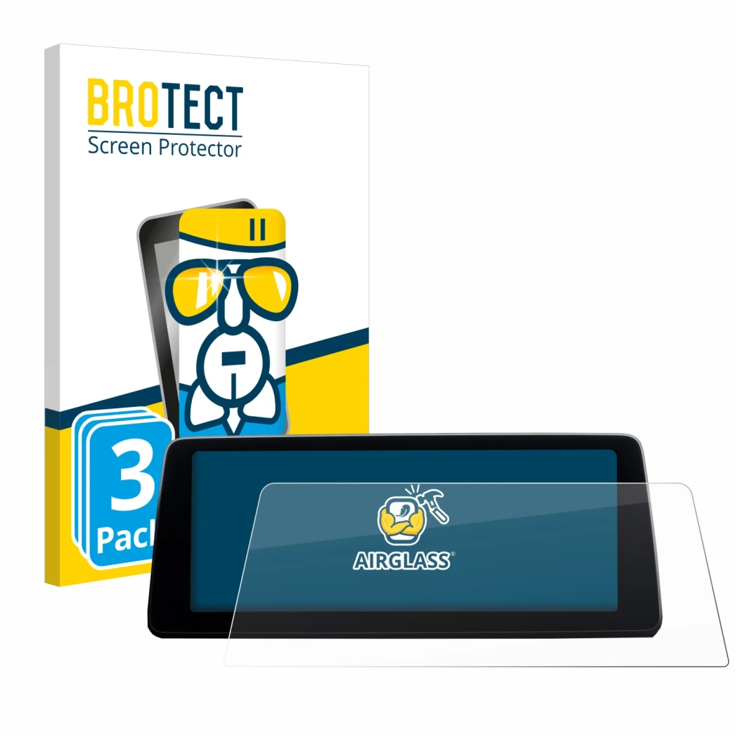 Face avant d’un emballage produit avec le logo de la marque BROTECT. À côté, l’appareil BMW 7 G11 2016-2018 Infotainment Syste