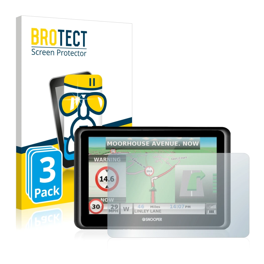 Face avant d’un emballage produit avec le logo de la marque BROTECT. À côté, l’appareil Snooper Truckmate S6900 est représenté