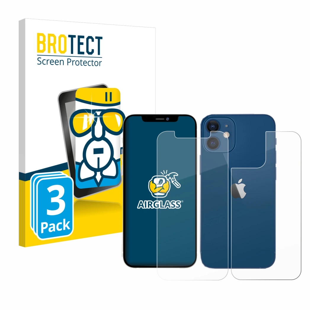 Face avant d’un emballage produit avec le logo de la marque BROTECT. À côté, l’appareil Apple iPhone 12 (Avant+Arrière) est re