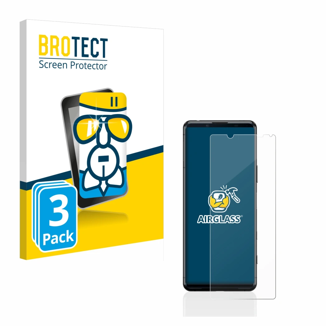 Face avant d’un emballage produit avec le logo de la marque BROTECT. À côté, l’appareil Sony Xperia 5 II est représenté avec l