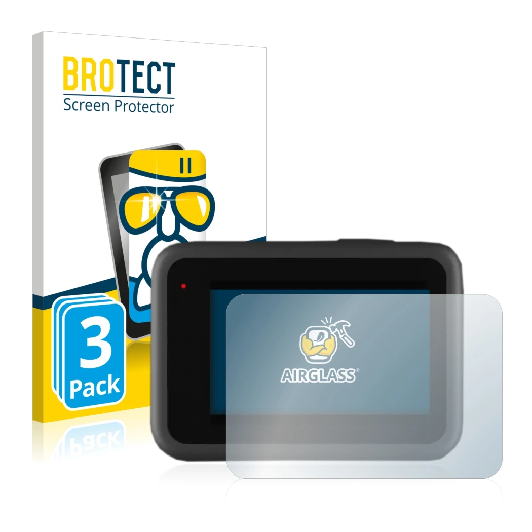 Face avant d’un emballage produit avec le logo de la marque BROTECT. À côté, l’appareil GoPro Hero 9 Black est représenté avec